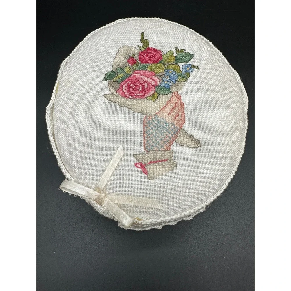 VintageVictorian Style Hand Cross Stitch Bentwood Trinket Box Floral Cottagecore